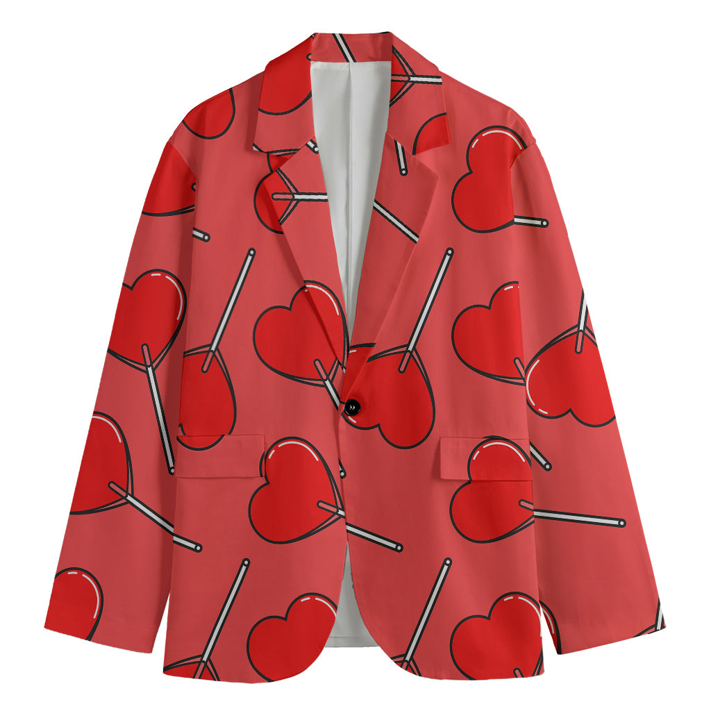 Red Heart Lollipop Pattern Print Men's Cotton Blazer