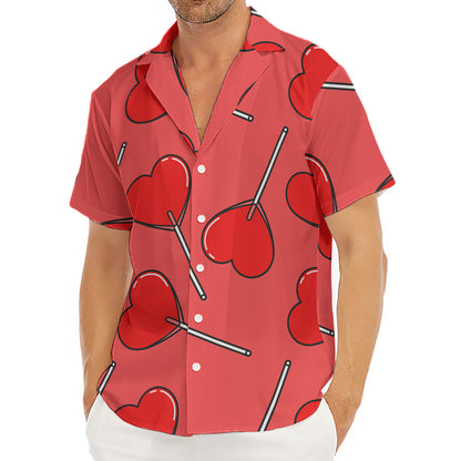 Red Heart Lollipop Pattern Print Men's Deep V-Neck Shirt