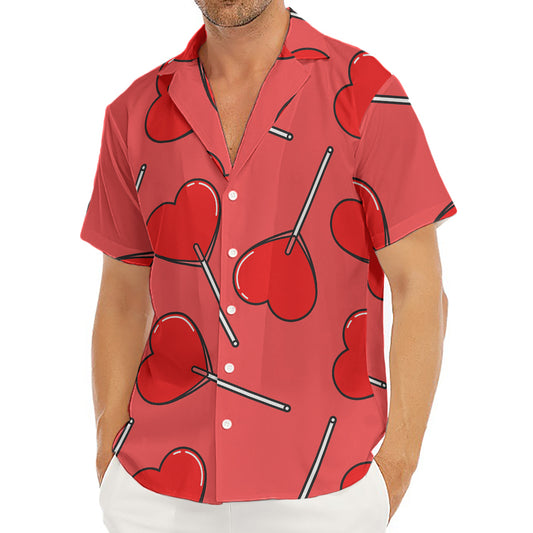 Red Heart Lollipop Pattern Print Men's Deep V-Neck Shirt