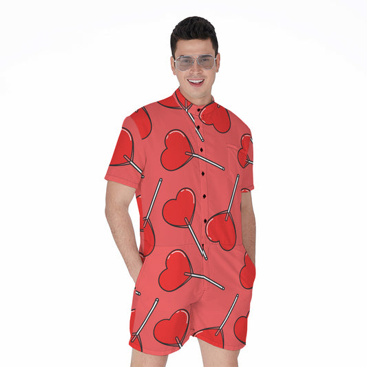 Red Heart Lollipop Pattern Print Men's Rompers