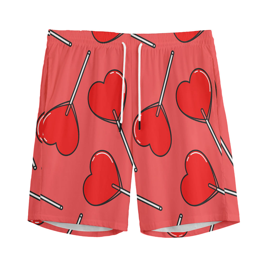 Red Heart Lollipop Pattern Print Men's Sports Shorts