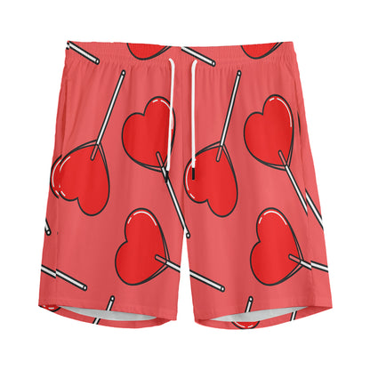 Red Heart Lollipop Pattern Print Men's Sports Shorts