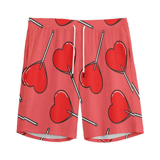 Red Heart Lollipop Pattern Print Men's Sports Shorts
