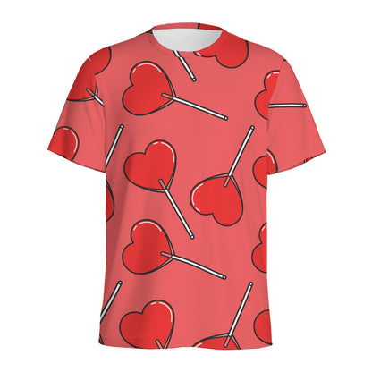 Red Heart Lollipop Pattern Print Men's Sports T-Shirt