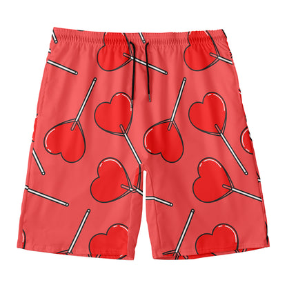 Red Heart Lollipop Pattern Print Men's Swim Trunks