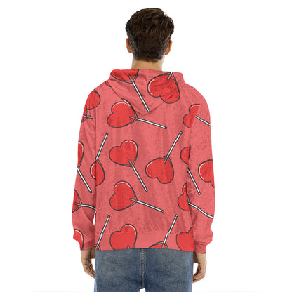 Red Heart Lollipop Pattern Print Men's Velvet Pullover Hoodie