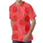 Red Heart Lollipop Pattern Print Men's Velvet T-Shirt