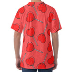 Red Heart Lollipop Pattern Print Men's Velvet T-Shirt