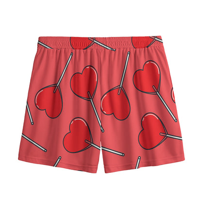 Red Heart Lollipop Pattern Print Mesh Shorts