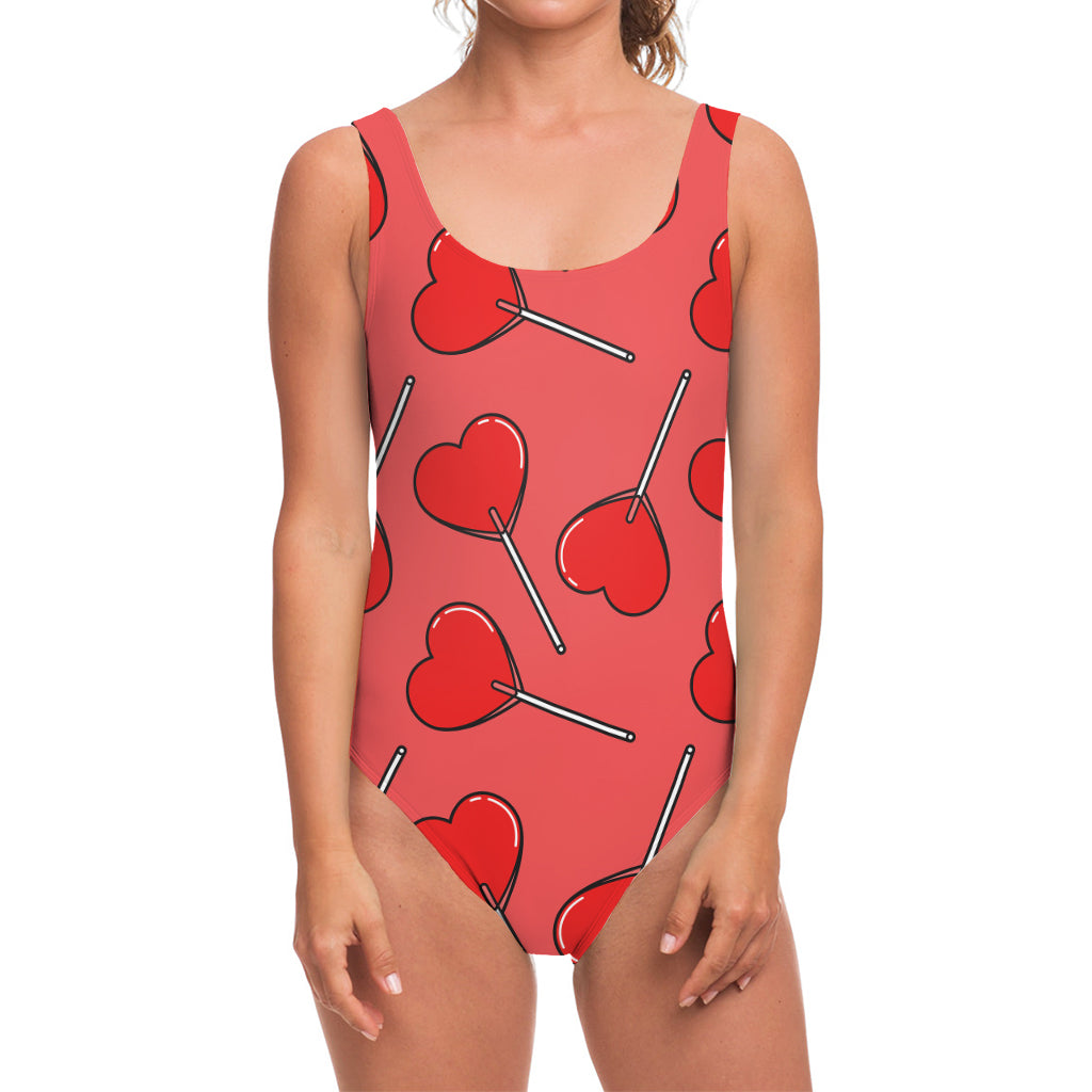 Red Heart Lollipop Pattern Print One Piece Swimsuit