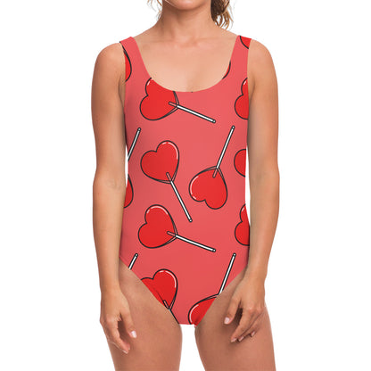 Red Heart Lollipop Pattern Print One Piece Swimsuit