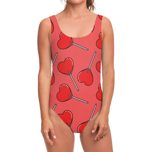 Red Heart Lollipop Pattern Print One Piece Swimsuit