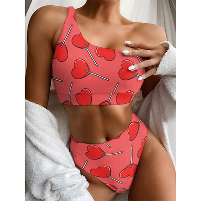 Red Heart Lollipop Pattern Print One Shoulder Bikini Top