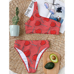 Red Heart Lollipop Pattern Print One Shoulder Bikini Top