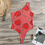 Red Heart Lollipop Pattern Print One Shoulder Bodysuit