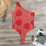 Red Heart Lollipop Pattern Print One Shoulder Bodysuit