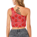 Red Heart Lollipop Pattern Print One Shoulder Crop Top