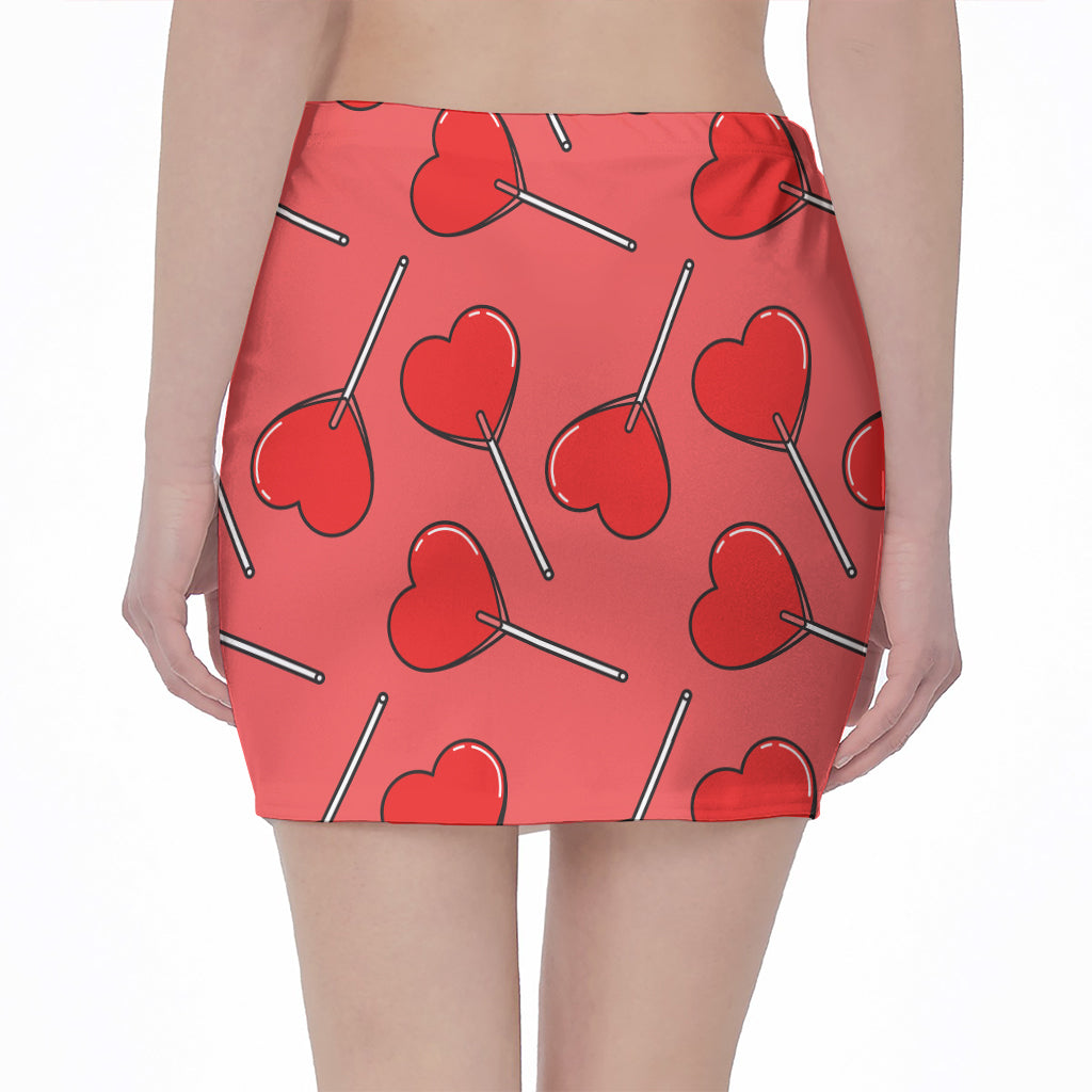 Red Heart Lollipop Pattern Print Pencil Mini Skirt
