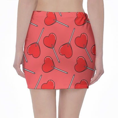 Red Heart Lollipop Pattern Print Pencil Mini Skirt
