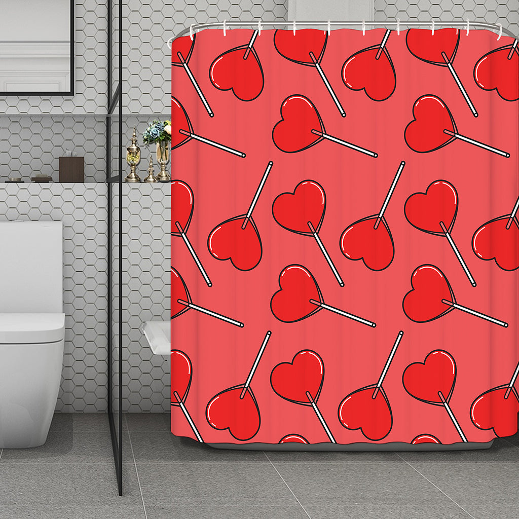 Red Heart Lollipop Pattern Print Polyester Shower Curtain