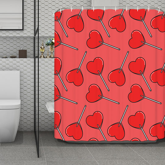 Red Heart Lollipop Pattern Print Polyester Shower Curtain