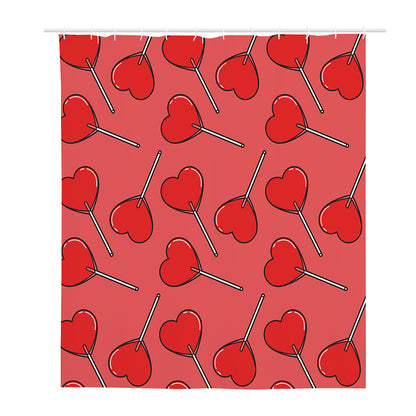 Red Heart Lollipop Pattern Print Polyester Shower Curtain