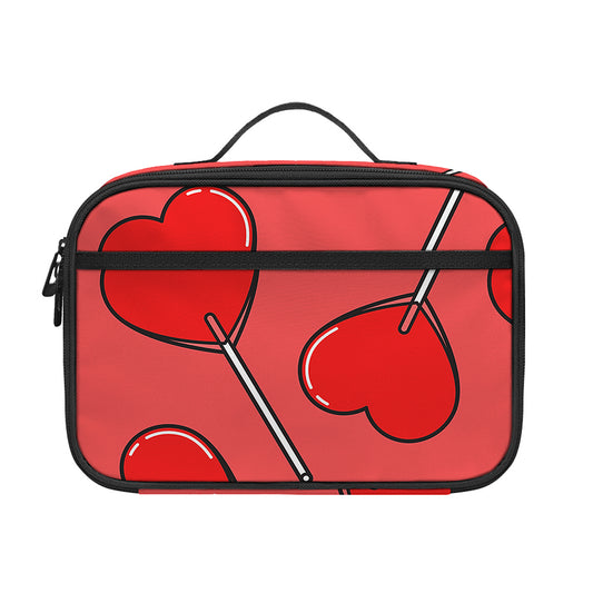 Red Heart Lollipop Pattern Print Portable Lunch Bag