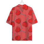 Red Heart Lollipop Pattern Print Rayon Hawaiian Shirt