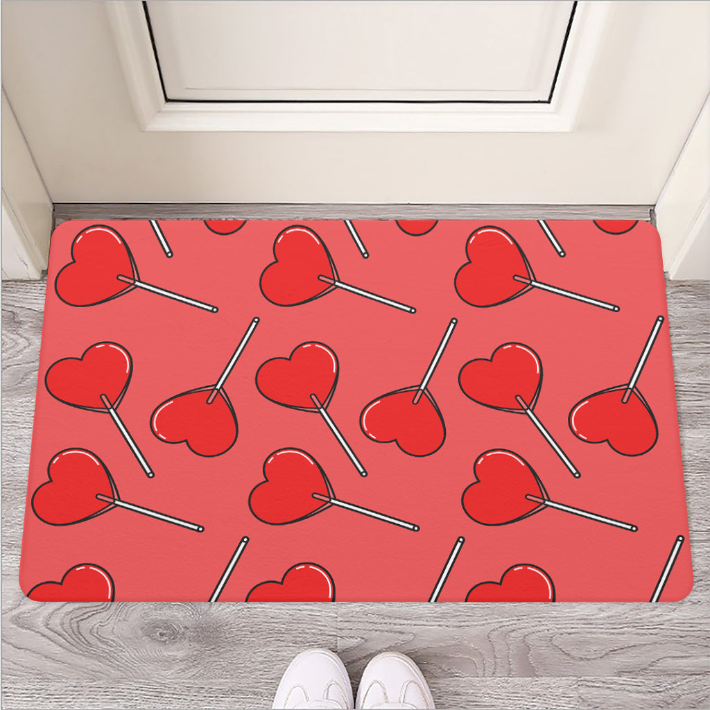 Red Heart Lollipop Pattern Print Rubber Doormat