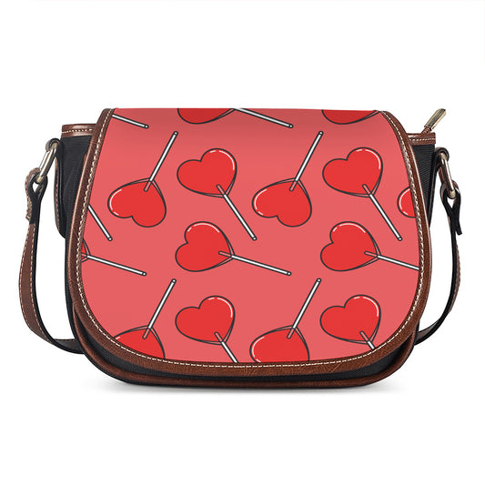 Red Heart Lollipop Pattern Print Saddle Bag