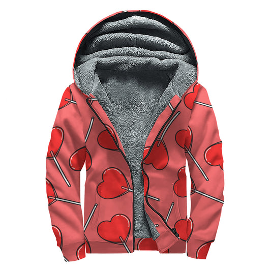 Red Heart Lollipop Pattern Print Sherpa Lined Zip Up Hoodie