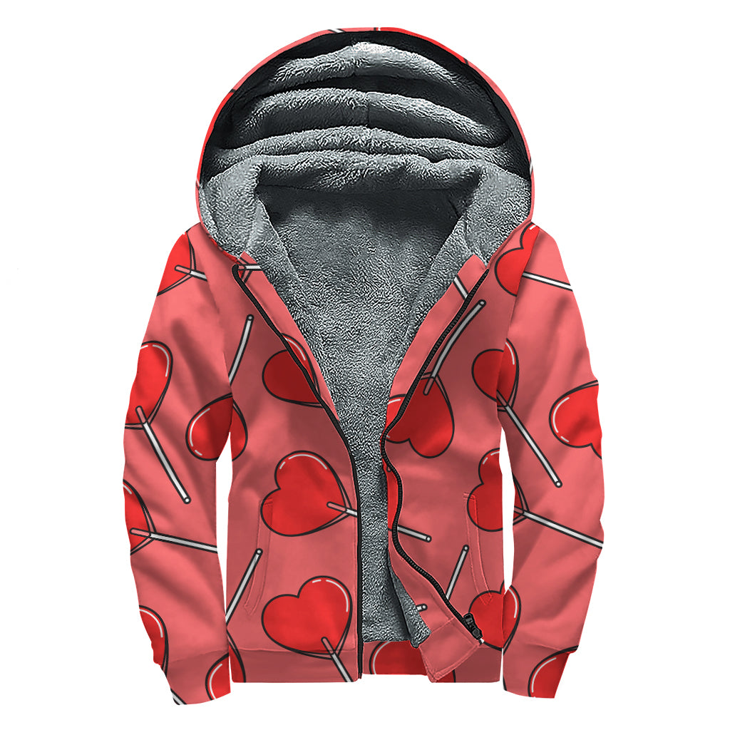 Red Heart Lollipop Pattern Print Sherpa Lined Zip Up Hoodie