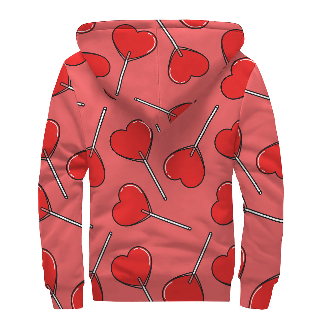 Red Heart Lollipop Pattern Print Sherpa Lined Zip Up Hoodie