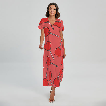 Red Heart Lollipop Pattern Print Short Sleeve Maxi Dress