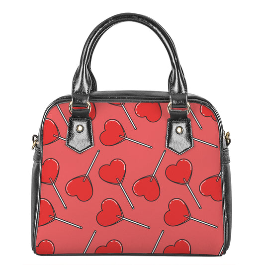 Red Heart Lollipop Pattern Print Shoulder Handbag