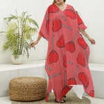 Red Heart Lollipop Pattern Print Silk V-Neck Kaftan Dress