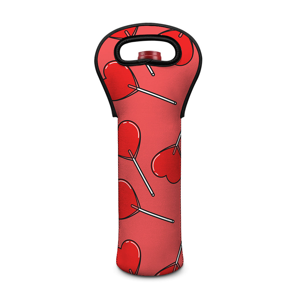 Red Heart Lollipop Pattern Print Single Neoprene Wine Tote