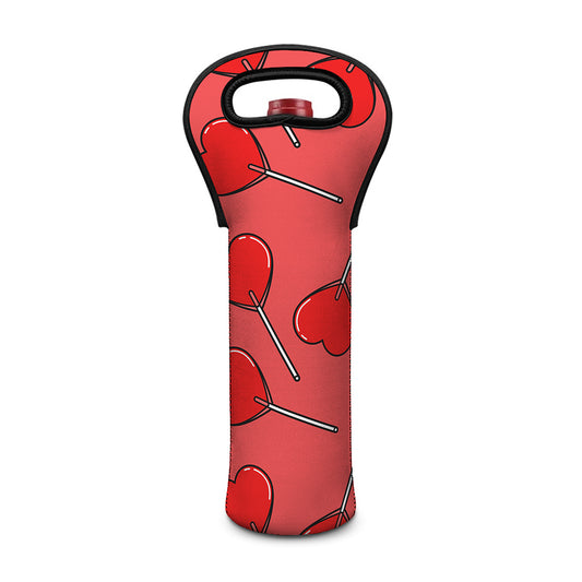 Red Heart Lollipop Pattern Print Single Neoprene Wine Tote