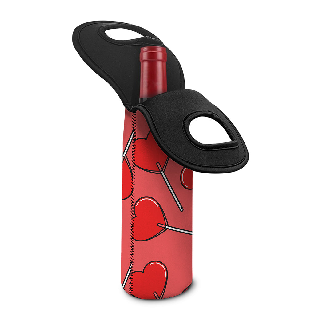 Red Heart Lollipop Pattern Print Single Neoprene Wine Tote