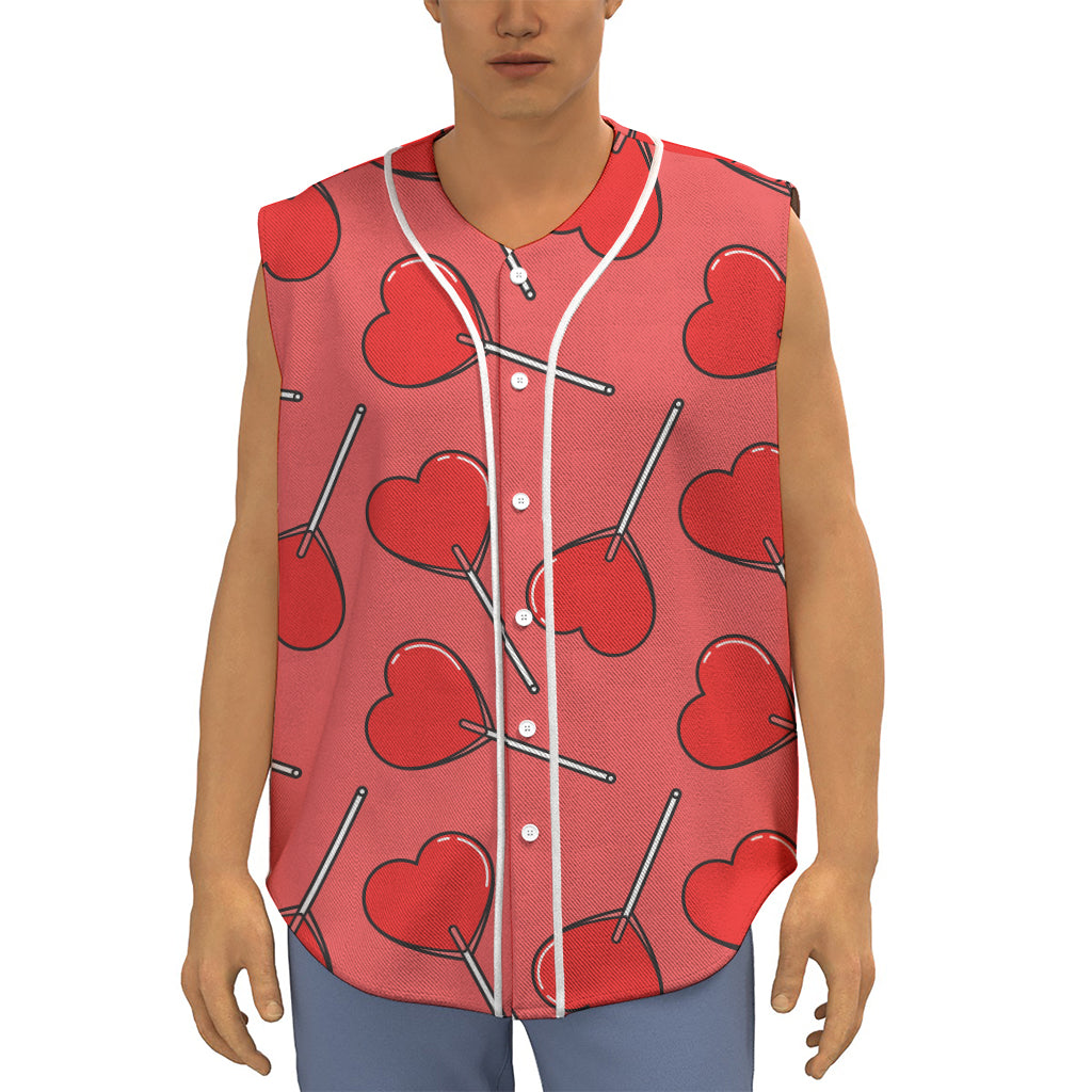 Red Heart Lollipop Pattern Print Sleeveless Baseball Jersey