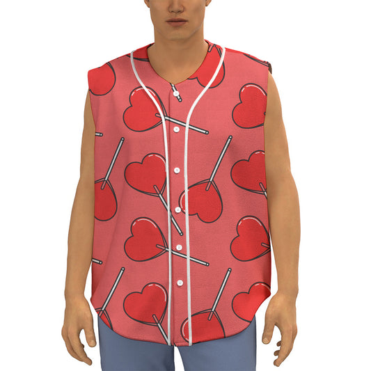 Red Heart Lollipop Pattern Print Sleeveless Baseball Jersey