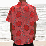Red Heart Lollipop Pattern Print Textured Short Sleeve Shirt