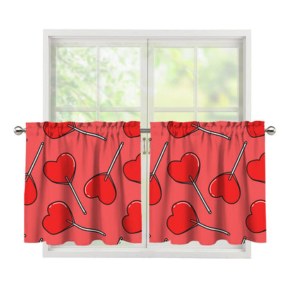 Red Heart Lollipop Pattern Print Tier Curtains