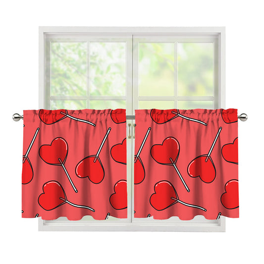 Red Heart Lollipop Pattern Print Tier Curtains