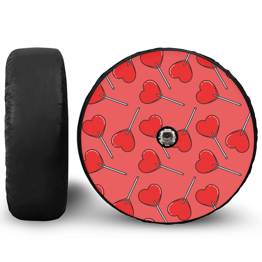 Red Heart Lollipop Pattern Print Tire Cover With Camera Hole