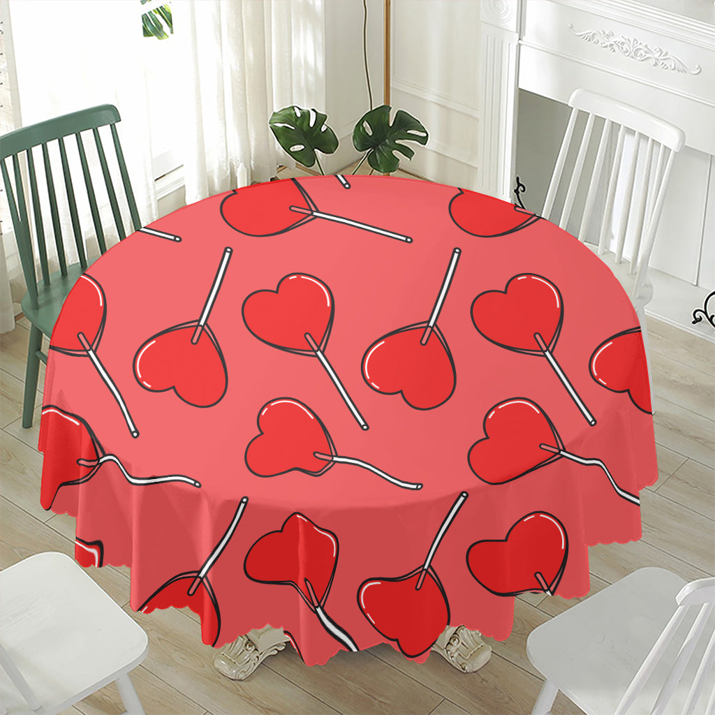 Red Heart Lollipop Pattern Print Waterproof Round Tablecloth