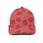 Red Heart Lollipop Pattern Print White Mesh Trucker Cap