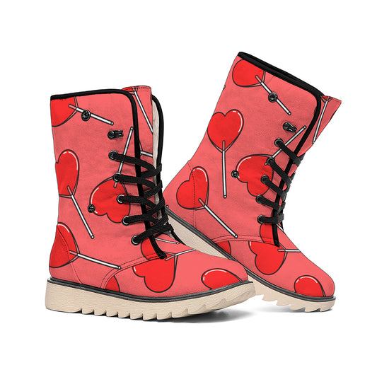 Red Heart Lollipop Pattern Print Winter Boots