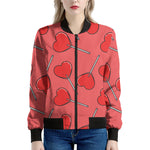 Red Heart Lollipop Pattern Print Women's Bomber Jacket