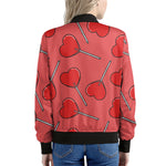 Red Heart Lollipop Pattern Print Women's Bomber Jacket